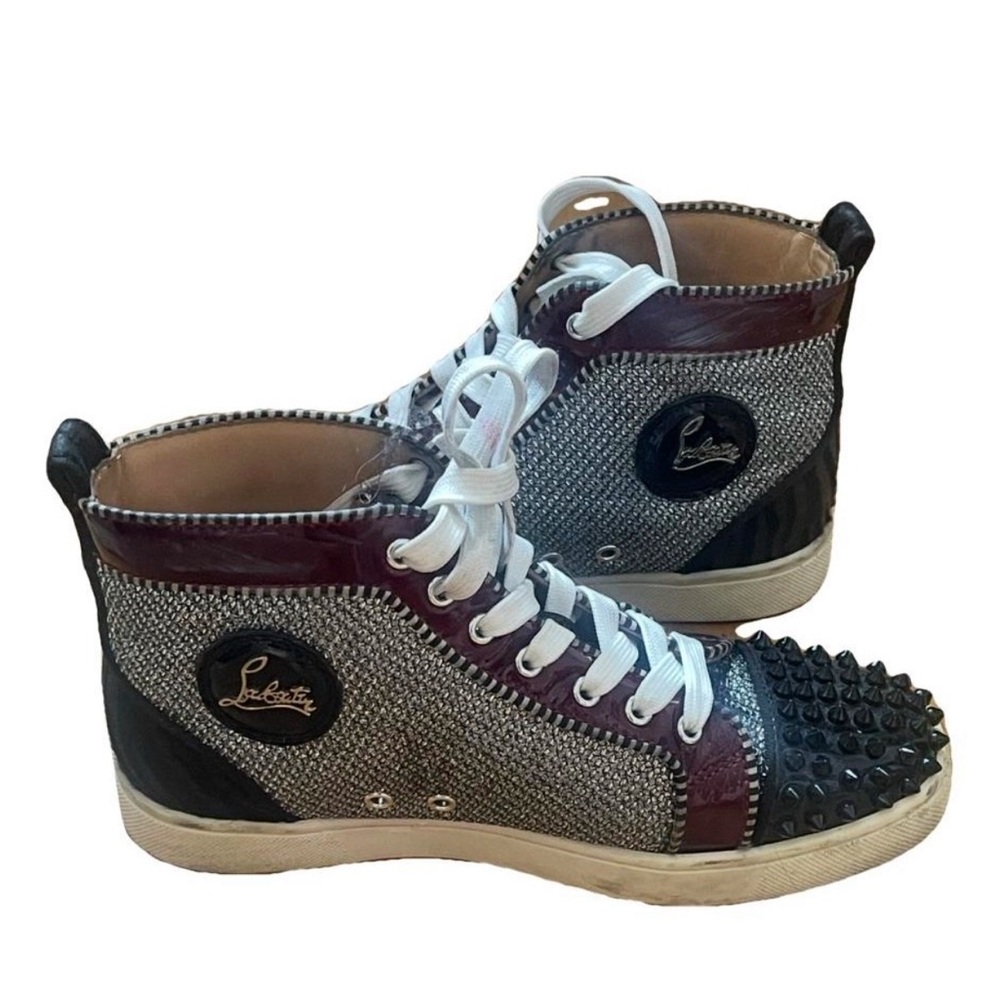 Christian Louboutin Black and Burgundy Spiked Sneakers